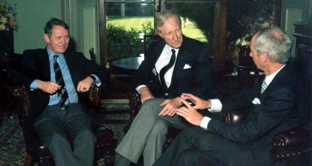Chuck Feeney with Ed Walsh, then president of University of Limerick, and Frank Rhodes, president of Cornell, meeting in Plessy House, Limerick, in 1988 at the beginning of a process that would translate into hundreds of millions for higher education in Ireland.